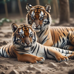 Naklejka na ściany i meble Two tigers lying on soil