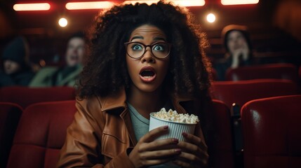 young dark-skinned woman sitting in cinema hall holding bucket of popcorn looking scared or surprised into the camera, eyes and mouth wide open, enjoying and having fun at the movie theater - obrazy, fototapety, plakaty