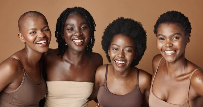 Face, skincare and laughing with black woman friends in studio on a brown background for natural wellness. Portrait, beauty and smile with a group of funny people looking happy at antiaging treatment