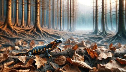 A salamander on dry earth and  in a forest habitat that shows signs of climate change, such as unusually dry foliage and the absence of a usual water source - obrazy, fototapety, plakaty