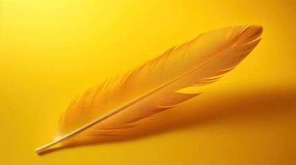  a close up of a yellow feather on a yellow background with a blurry image of a bird's feather.