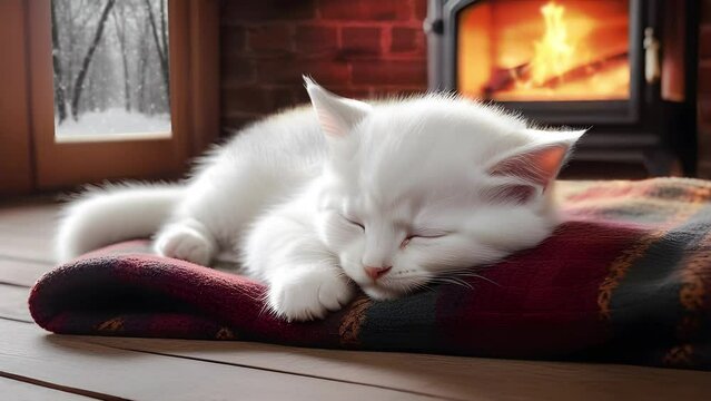 Cute Kitty sleeping on a blanket in front of the fire. Cute asleep Cat and snow falling in the background -4k Seamless Loop