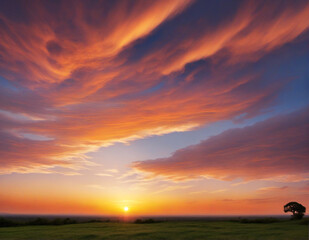 Sunset with scattered clouds in clear sky. Colorful sky background at dusk.