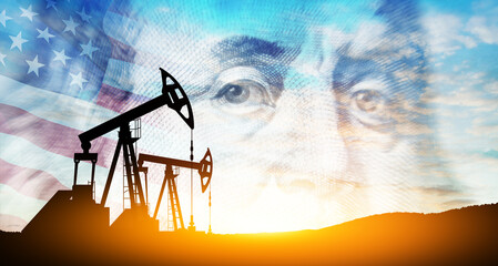 Oil price cap concept. Petroleum, petrodollar and crude oil concept. Oil pump on background of US...