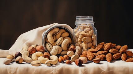  a jar filled with nuts sitting on top of a table next to a pile of nuts on top of a table.
