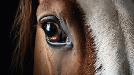  a close up of a horse's eye with a brown and white horse's head in the background.