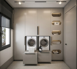 modern laundry room, laundry room design, ironing room, ironing room design, washing machine and dryer side by side