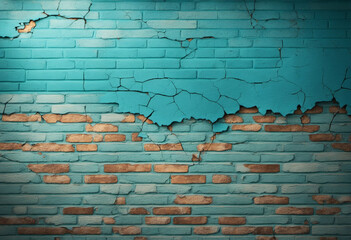 Vintage turquoise brick wall with cracked paint and a grunge lighting effect.