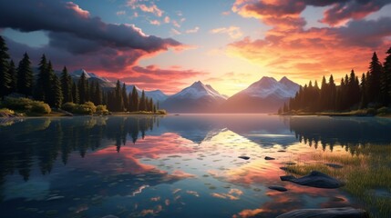 Tranquil lake reflecting the brilliant colors of the setting sun, creating a serene panorama.