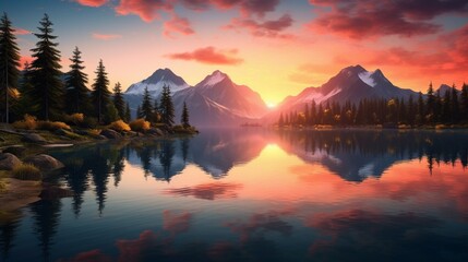 Tranquil lake reflecting the brilliant colors of the setting sun, creating a serene panorama. - obrazy, fototapety, plakaty