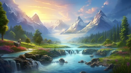 Tranquil river winding through a lush valley, bathed in the soothing colors of twilight.