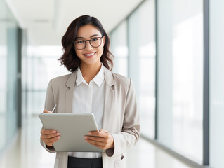 Wizerunek młodej Azjatki, pracownika firmy w okularach, uśmiechniętej i trzymającej tablet cyfrowy, stojącej na białym tle - obrazy, fototapety, plakaty