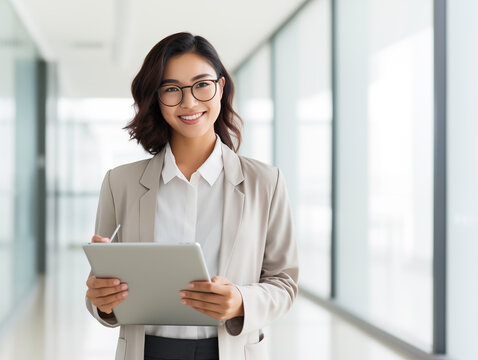Wizerunek młodej Azjatki, pracownika firmy w okularach, uśmiechniętej i trzymającej tablet cyfrowy, stojącej na białym tle