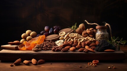  a variety of nuts and nutshells on a cutting board next to a jar of nuts and nutshells.