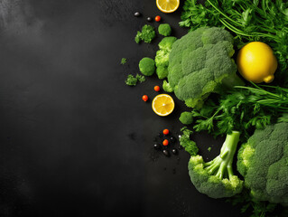 delikatne brokuły i zielone wegańskie dodatki na tle czarnego stołu