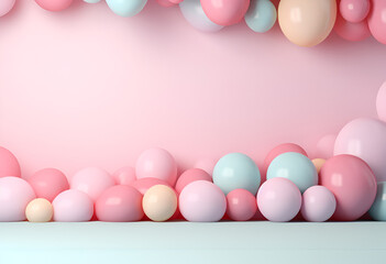 Obraz na płótnie Canvas Minimal product podium stage with multicolor pastel color balloons in geometric shape for presentation background. Abstract background and decoration scene template.generative ai.