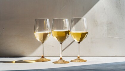 Tre calici di vino su sfondo orizzontale a tinta unita con ombre generato con ai - obrazy, fototapety, plakaty