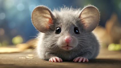 Cute funny fluffy mouse close up looking