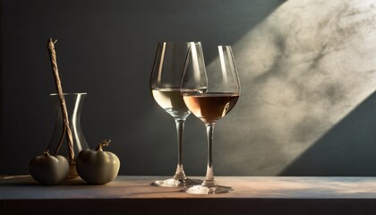 Due calici di vino su sfondo orizzontale in penombra generato con ai
