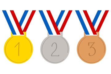A set gold, silver and bronze Olympic medals. Sports game prize.