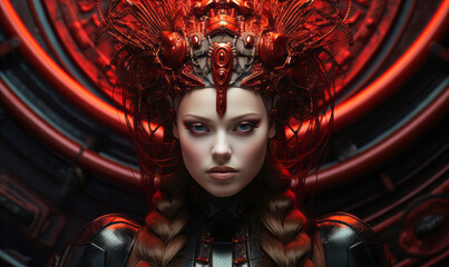 Futuristic Cyber Queen with Intricate Red Headpiece and Dark Attire Against a Patterned Backdrop