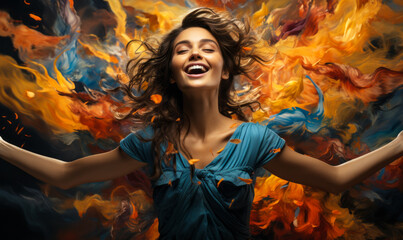 Joyful woman in euphoric dance surrounded by a whirlwind of colorful watercolor splashes, expressing freedom and artistry - obrazy, fototapety, plakaty
