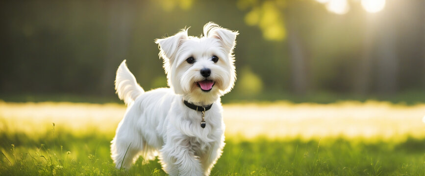 Small white dog strolls through park by lake, standing on grass gazing into the distance
