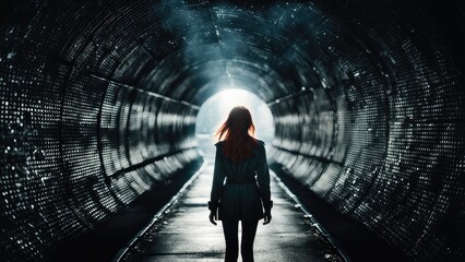 A girl walks through a tunnel. Traveling underground. Young woman walking through the tunnel. Confident girl walking forward.