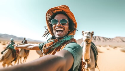 Happy tourist having fun enjoying group camel ride tour in the desert, Travel, life style, vacation activities and adventure.