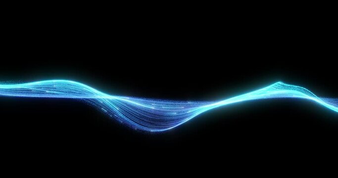  line of shimmering blue particles flows in a continuous wave, representing data streaming in a high-tech environment, isolated on black for a seamless loop. 3D render