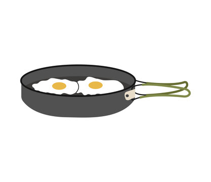 Frying pan for camping and hacking. Dishes for tourism isolated on a white background. Vector illustration.