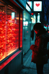 A woman in a winter coat looking at a brightly lit display of red heart-shaped lights in a store window at night
