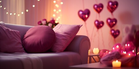 Living room in pink colors decorated for valentine’s day, with heart baloons, garland and candles. Romantic atmosphere banner