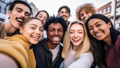 Multicultural happy friends having fun taking group selfie portrait on city street , Multiracial young people celebrating laughing together outdoors , Happy lifestyle concept.