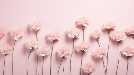  a row of pink carnations on a pink background with a pink wall in the background and a row of pink carnations in the foreground.
