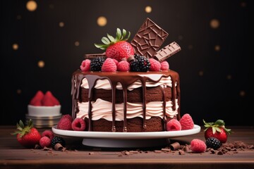 Cake with sponge and mousse layers, drizzled with dark chocolate and decorated with fresh berries and chocolate pieces.