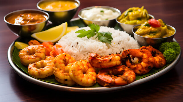 Traditional Indian Prawn Curry with Basmati Rice and Condiments
