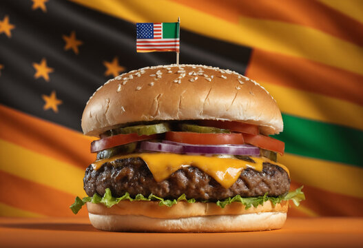 Classic American burger with alternative African American juneteenth flag on the top over orange background. Close-up with selective focus.