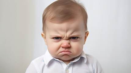 Baby with disgruntled look on it's face, closeup, studio style, on white background. 