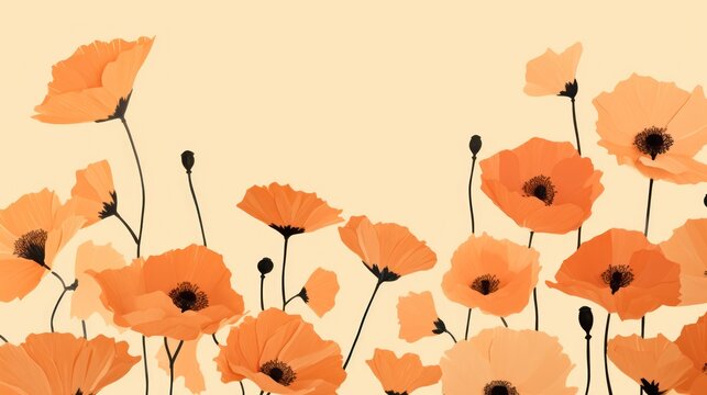  a painting of orange poppies on a yellow background with a black line in the middle of the picture and a black line in the middle of the picture.