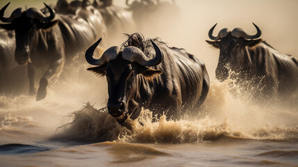 Wildebeest migration in the Serengeti, vast numbers crossing a river, crocodile lurking in the water - obrazy, fototapety, plakaty