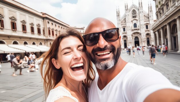 Happy couple taking selfie in front of cathedral in Italy, Two tourists having fun on romantic summer vacation in Italy ,Holidays and traveling lifestyle