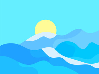 Winter landscape with snowy hills and sun. Mountain landscape in flat style, winter cold weather. View of the snowy hills. Design for poster, banner and promotional item. Vector illustration