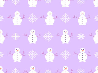 Seamless pattern with snowmen and snowflakes. Snowman with a carrot for a nose and a branch for hands. Xmas design for wrapping paper, banners and promotional items. Vector illustration