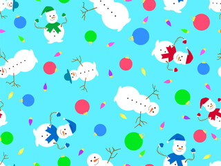 Snowman and Christmas balls seamless pattern. Christmas decorations and snowman with a carrot for a nose and a branch for hands. Xmas design for banner and promotional item. Vector illustration