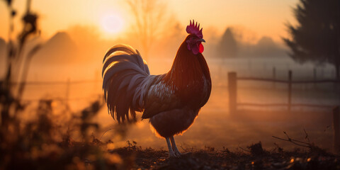 rooster crowing at dawn, misty morning, backlit by the rising sun creating a halo effect - obrazy, fototapety, plakaty