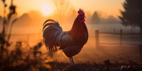 Fotobehang rooster crowing at dawn, misty morning, backlit by the rising sun creating a halo effect © Gia