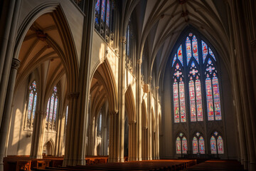 Obraz premium Gothic cathedral, intricate stained glass windows, towering spires, soft morning light filtering in