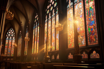 Gothic cathedral, intricate stained glass windows, towering spires, soft morning light filtering in