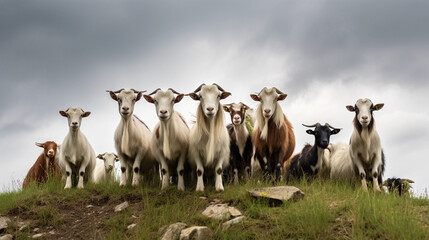 Obraz premium herd of goats on a hill, some looking curious, others grazing, under an overcast sky